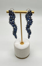 Blue Sapphire Cascade Wave Diamonds 18K White Gold Statement Fancy Earrings