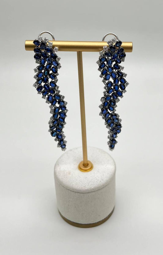 Blue Sapphire Cascade Wave Diamonds 18K White Gold Statement Fancy Earrings