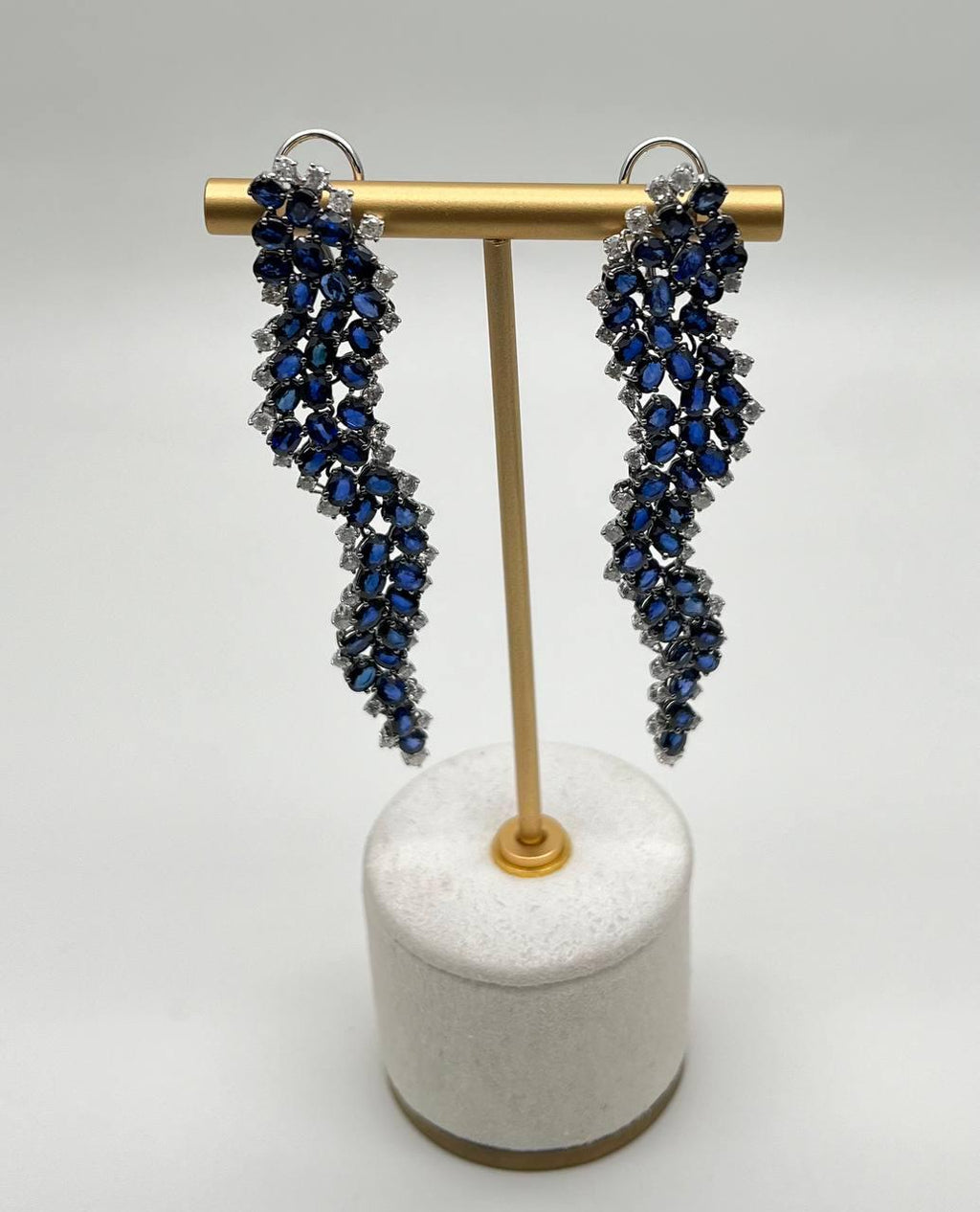 Blue Sapphire Cascade Wave Diamonds 18K White Gold Statement Fancy Earrings