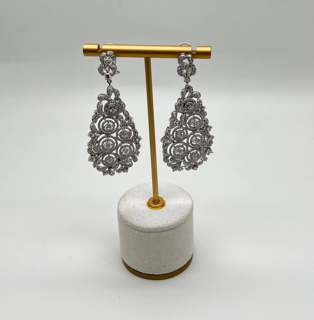 Brilliant White Diamonds Pave Filigree Statement Drop 18K White Gold Earrings