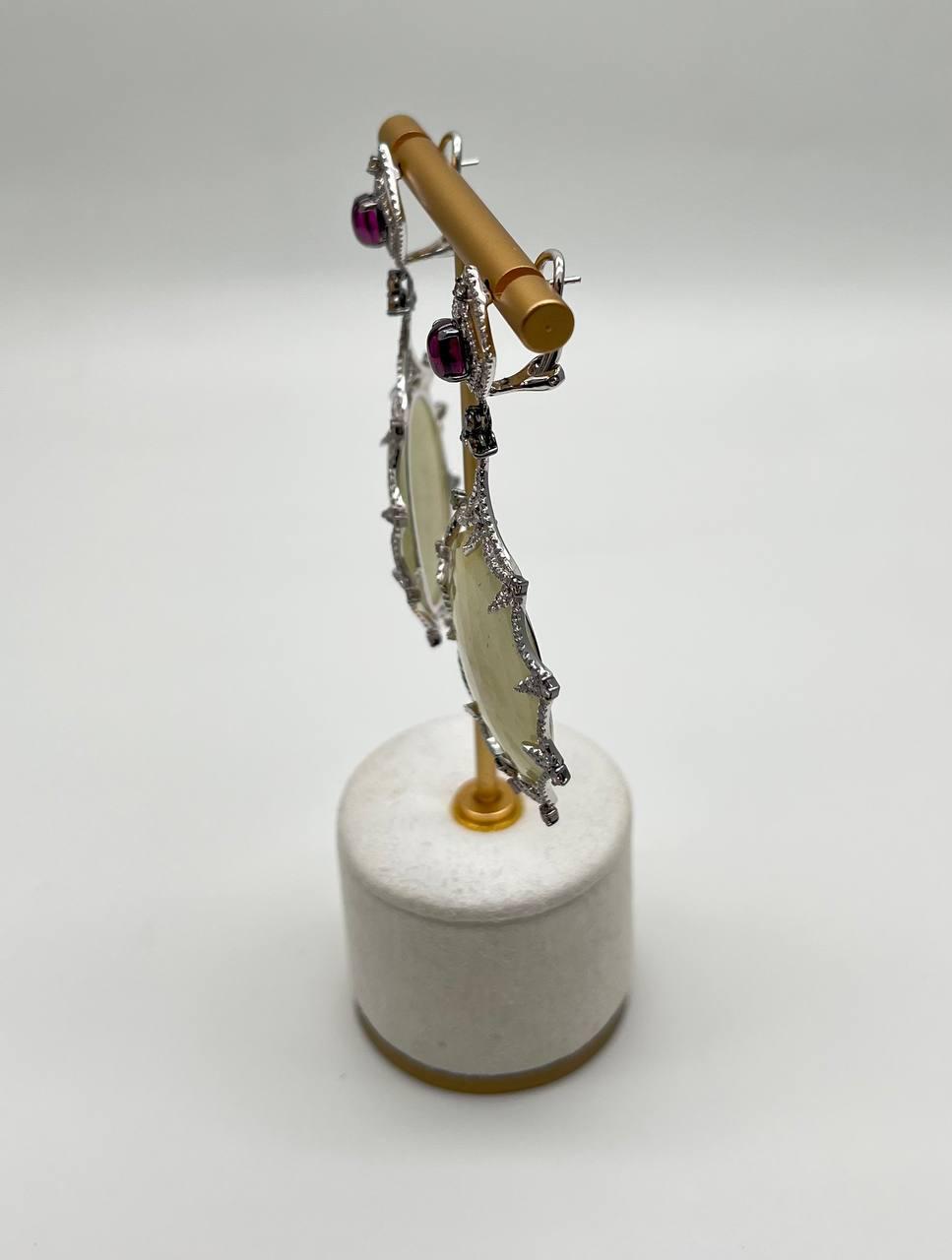 Light Yellow Sapphire Slice Rhodolite Garnet Diamond 14K White Gold Earrings