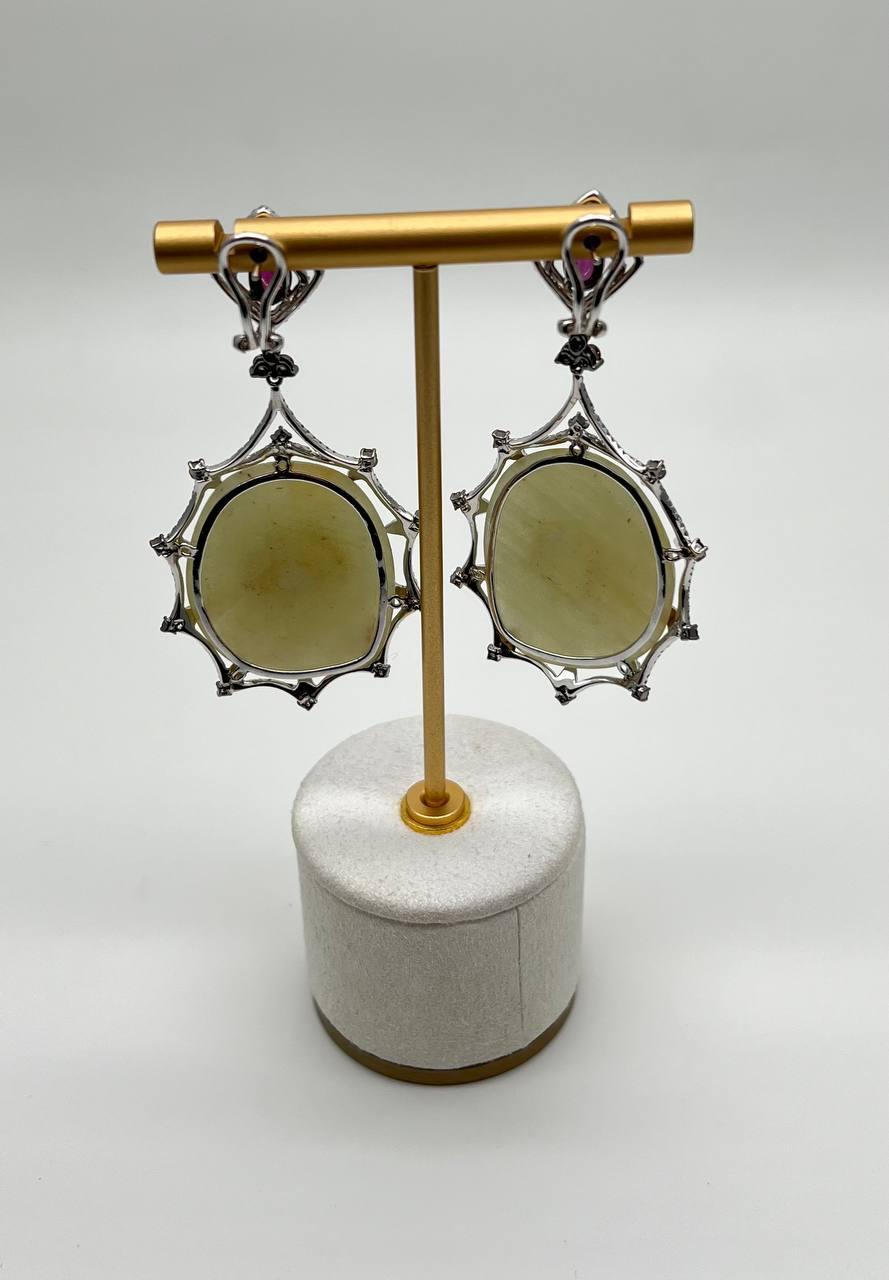 Light Yellow Sapphire Slice Rhodolite Garnet Diamond 14K White Gold Earrings