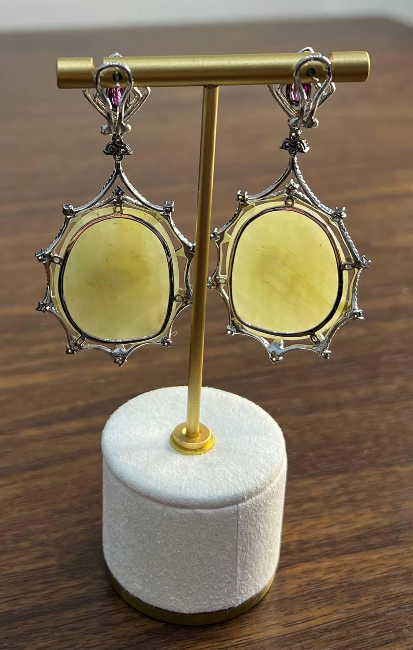 Light Yellow Sapphire Slice Rhodolite Garnet Diamond 14K White Gold Earrings