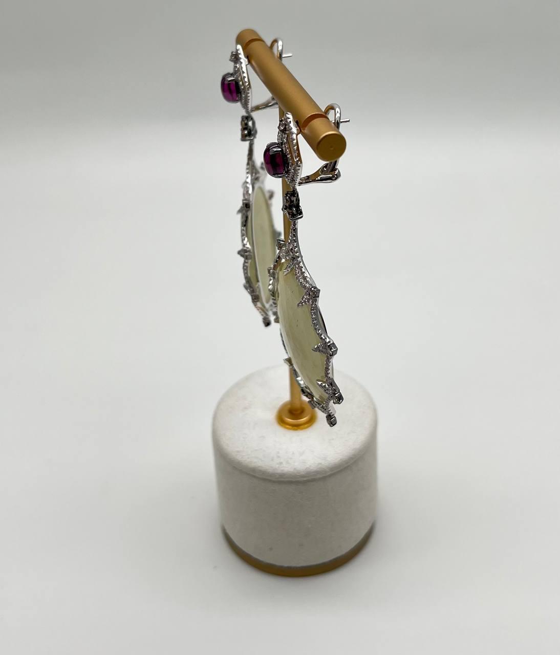 Light Yellow Sapphire Slice Rhodolite Garnet Diamond 14K White Gold Earrings