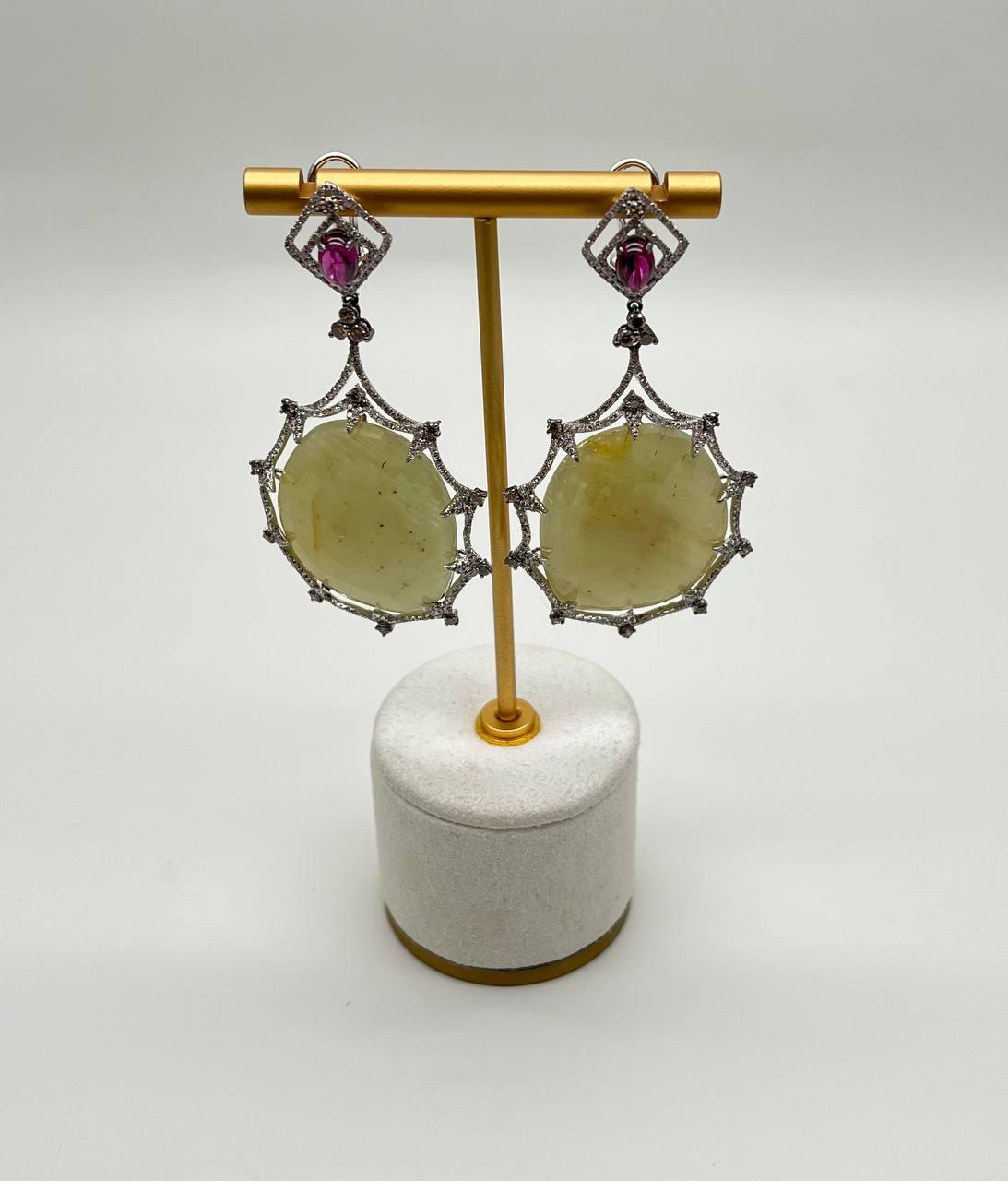 Light Yellow Sapphire Slice Rhodolite Garnet Diamond 14K White Gold Earrings