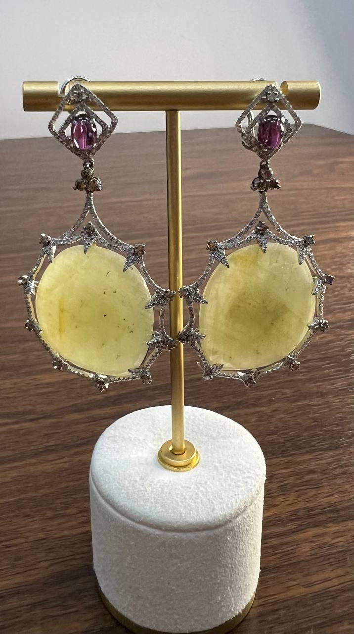 Light Yellow Sapphire Slice Rhodolite Garnet Diamond 14K White Gold Earrings