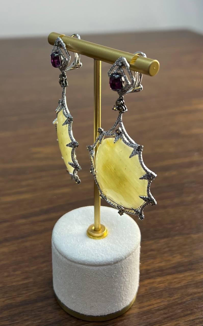 Light Yellow Sapphire Slice Rhodolite Garnet Diamond 14K White Gold Earrings