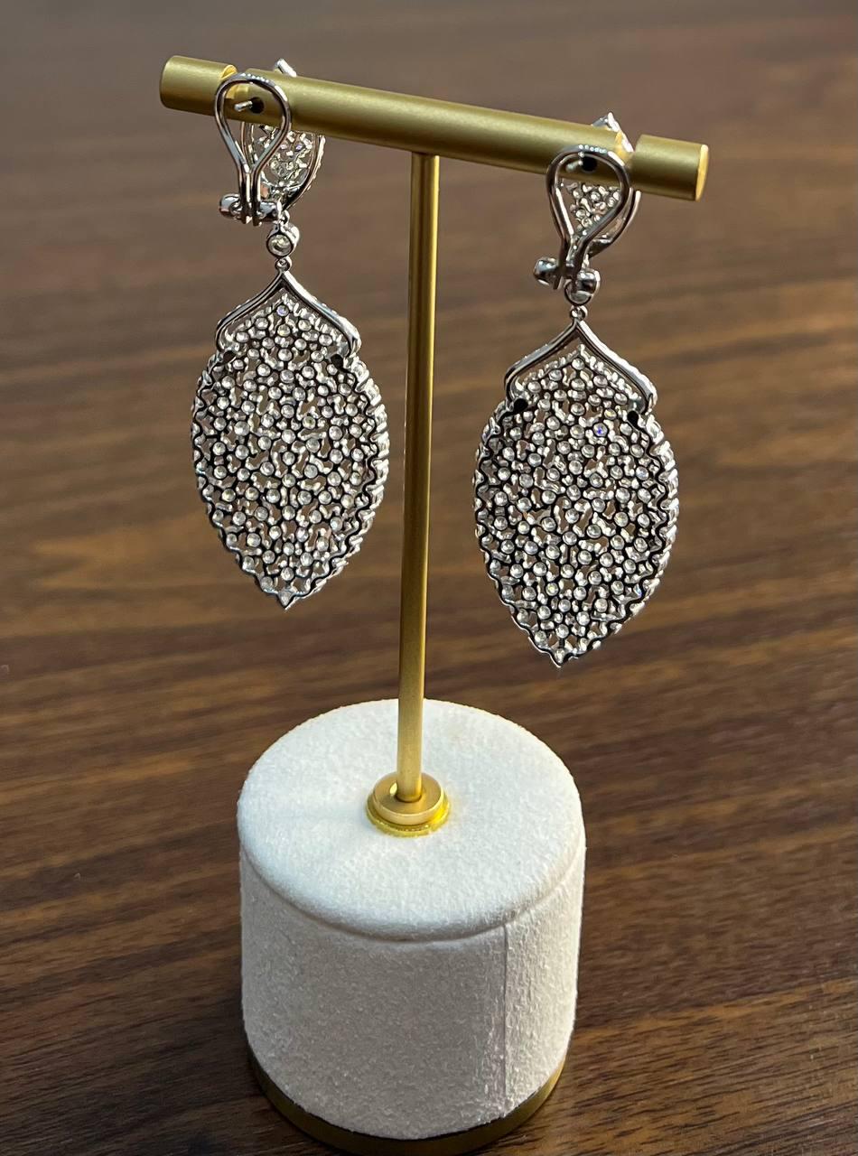 White Brilliant Cut Pave Diamond 18K White Gold Statement Drop Unique Earrings