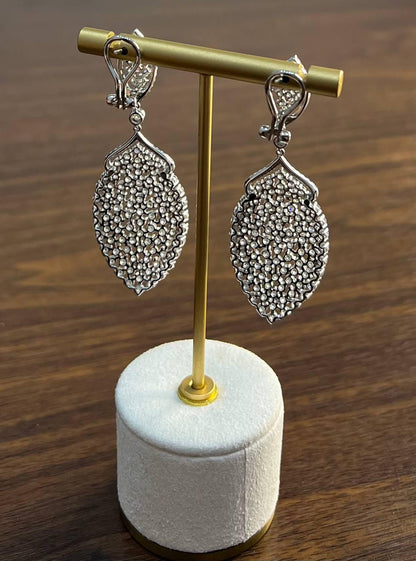 White Brilliant Cut Pave Diamond 18K White Gold Statement Drop Unique Earrings