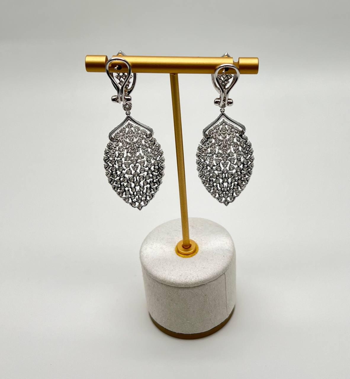 White Brilliant Cut Pave Diamond 18K White Gold Statement Drop Unique Earrings