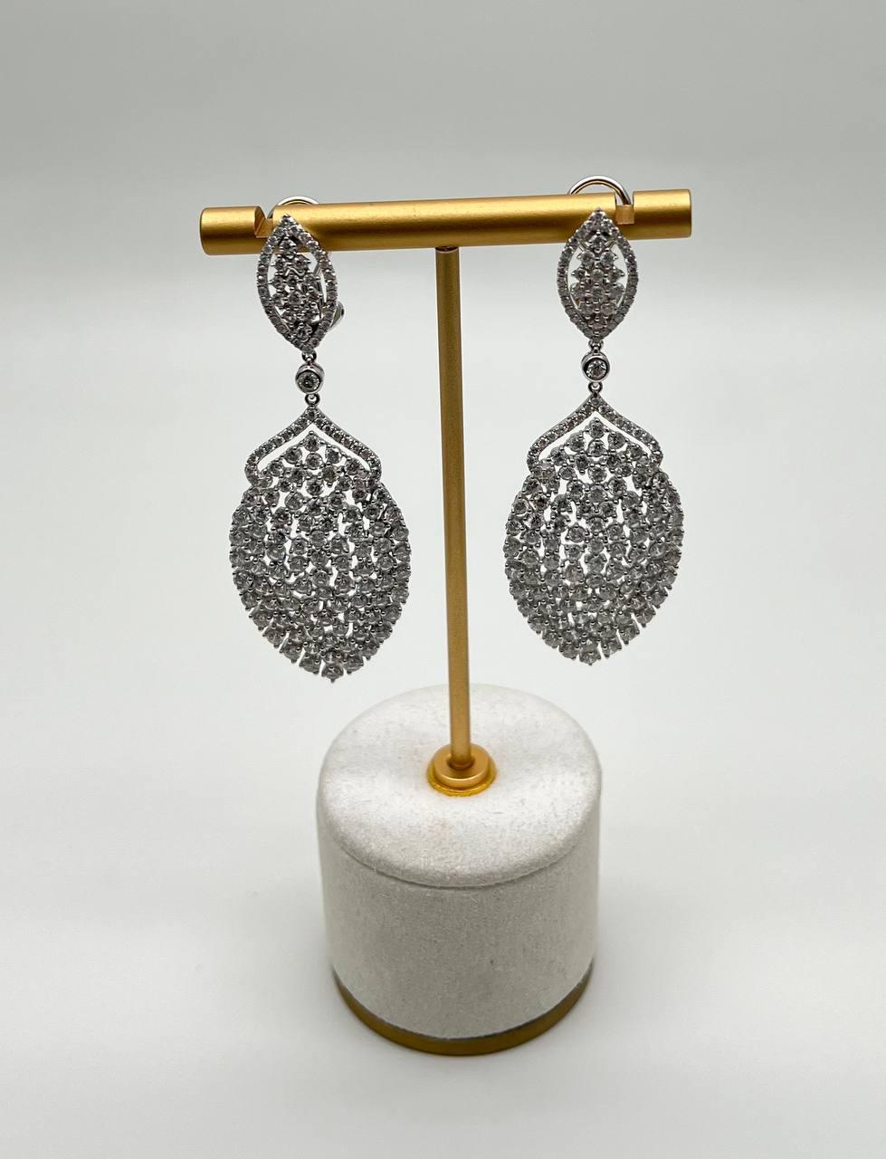 White Brilliant Cut Pave Diamond 18K White Gold Statement Drop Unique Earrings
