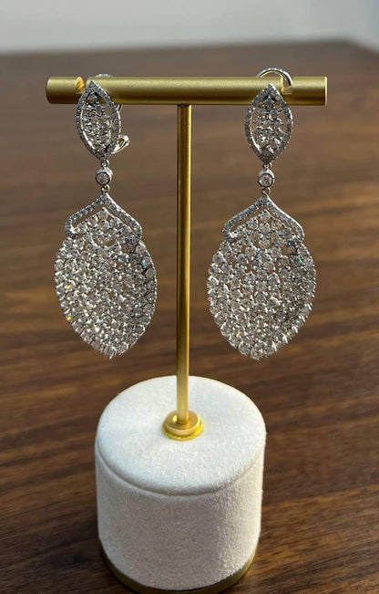 White Brilliant Cut Pave Diamond 18K White Gold Statement Drop Unique Earrings