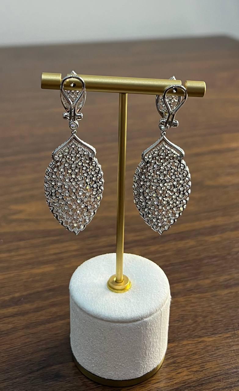 White Brilliant Cut Pave Diamond 18K White Gold Statement Drop Unique Earrings