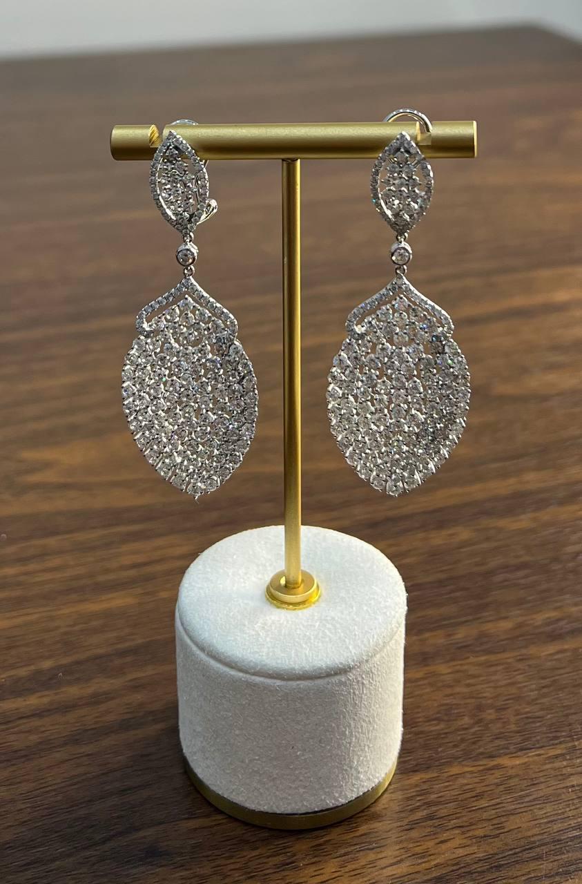 White Brilliant Cut Pave Diamond 18K White Gold Statement Drop Unique Earrings