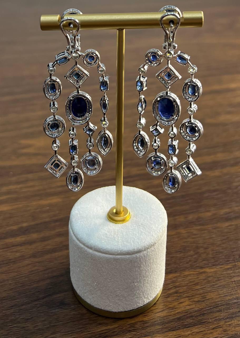 Blue Sapphire Fancy Shape White Diamond 18K White Gold Drop Statement Earrings