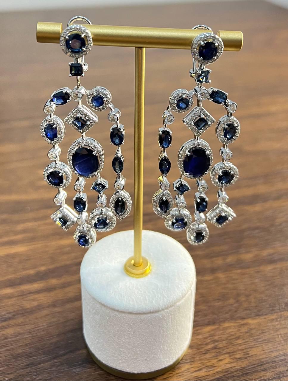 Blue Sapphire Fancy Shape White Diamond 18K White Gold Drop Statement Earrings