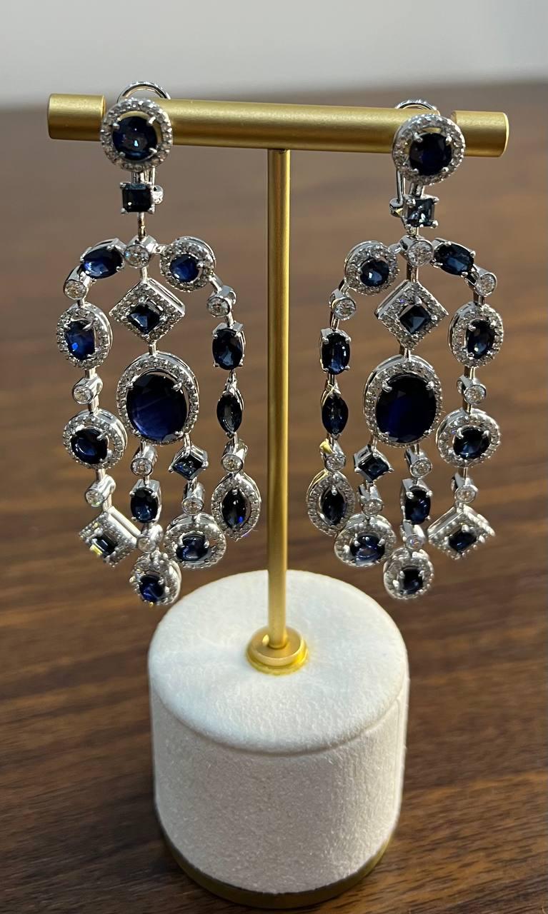Blue Sapphire Fancy Shape White Diamond 18K White Gold Drop Statement Earrings
