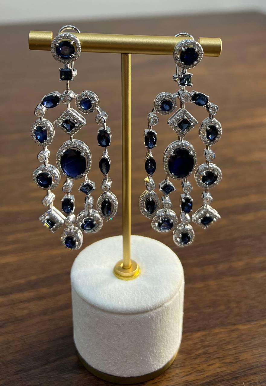 Blue Sapphire Fancy Shape White Diamond 18K White Gold Drop Statement Earrings