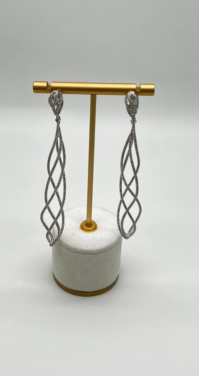 Spiral Wave Intertwining Lines White Diamond 18K White Gold Statement Earrings