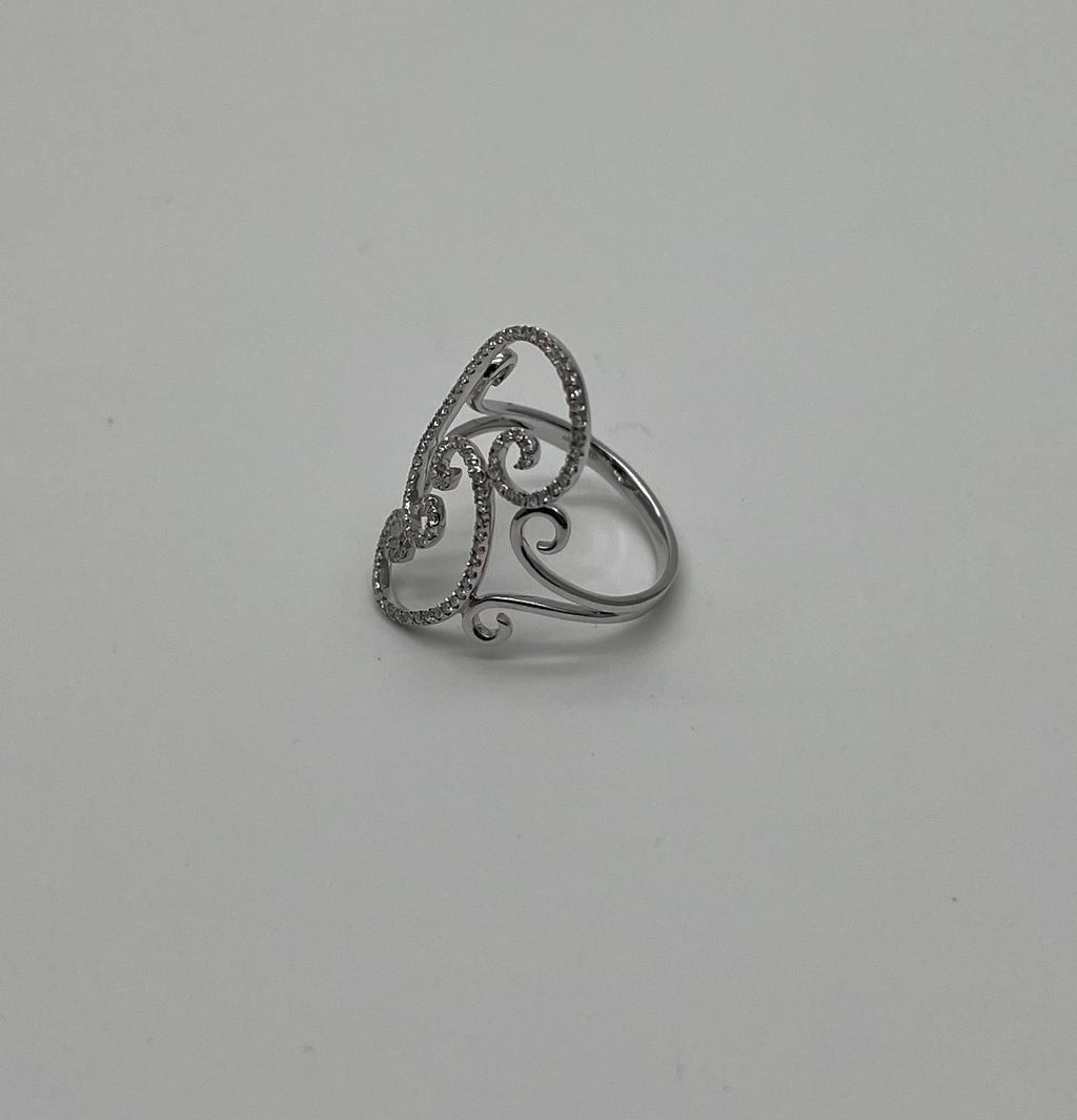 White Brilliant Cut Diamond Wave Spiral Swirl 14K White Gold Statement Ring