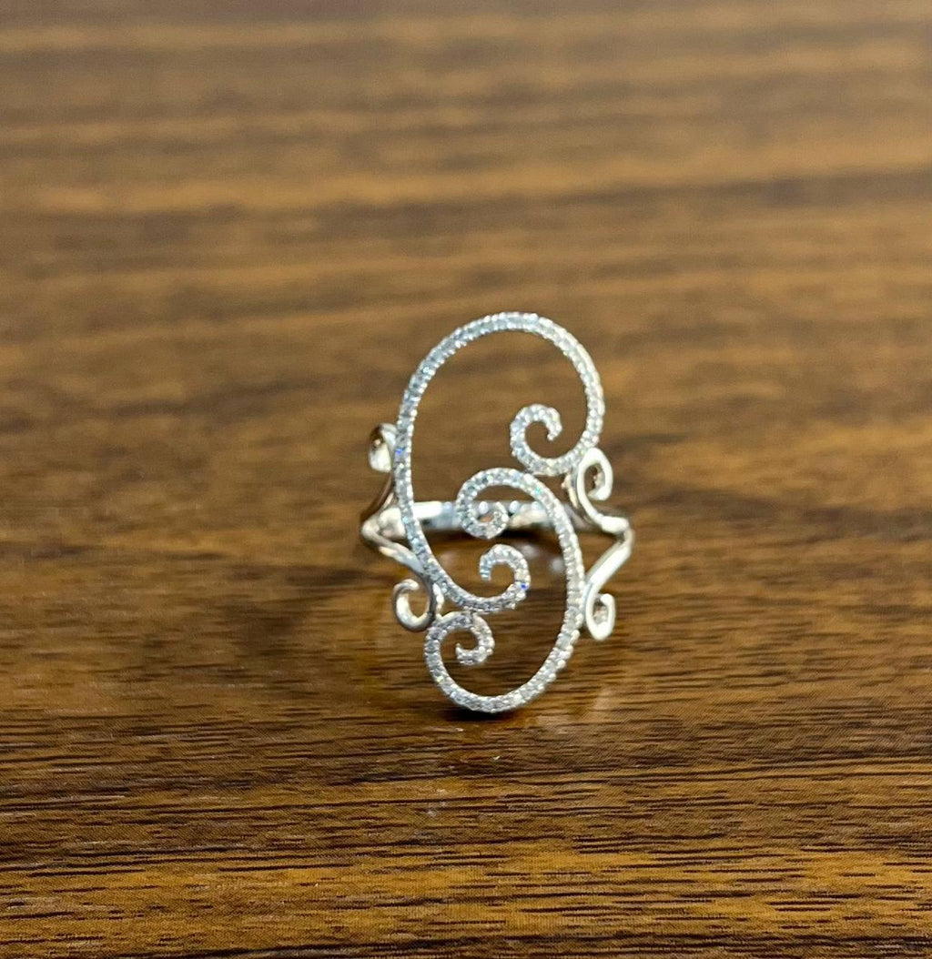 White Brilliant Cut Diamond Wave Spiral Swirl 14K White Gold Statement Ring