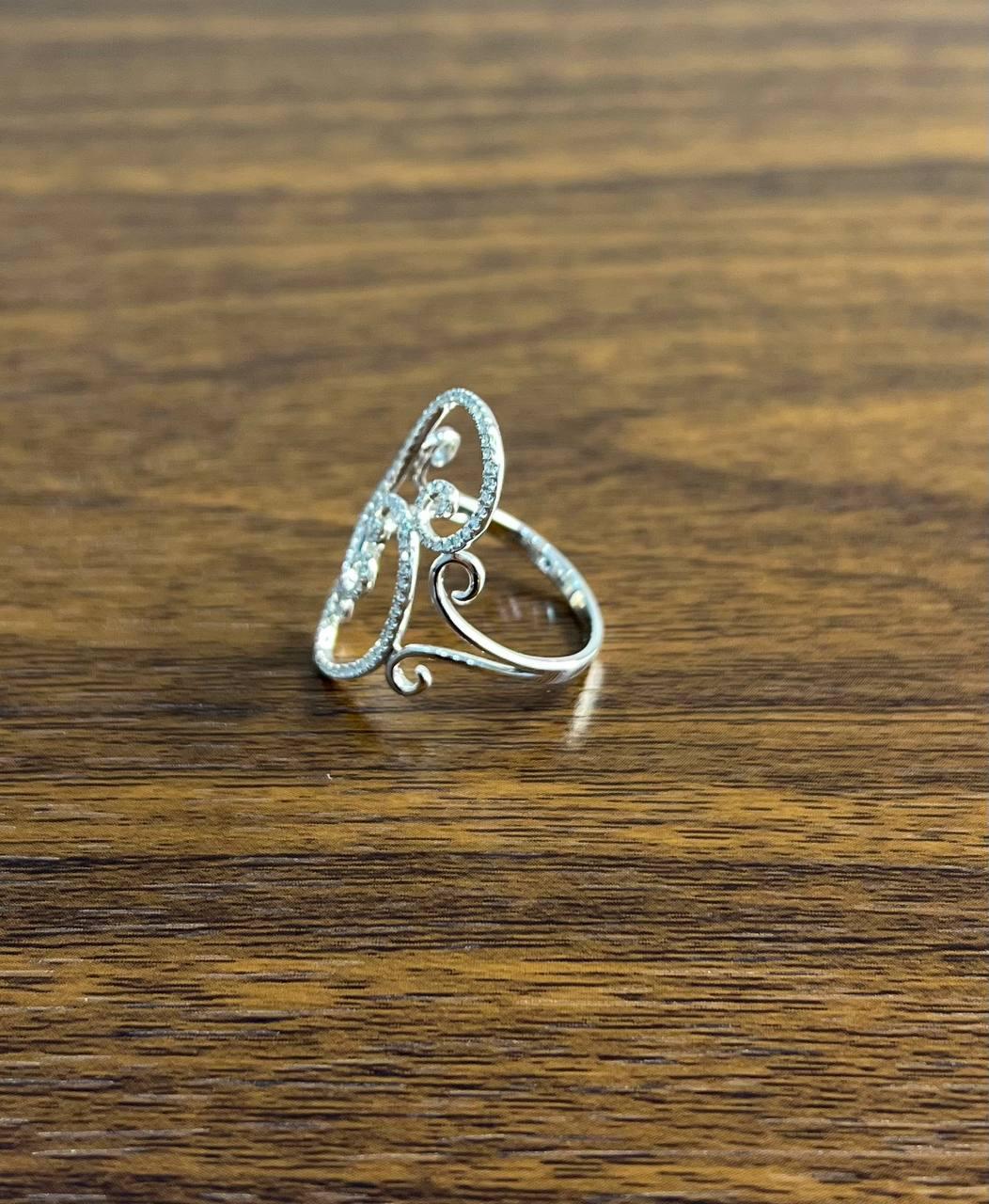 White Brilliant Cut Diamond Wave Spiral Swirl 14K White Gold Statement Ring