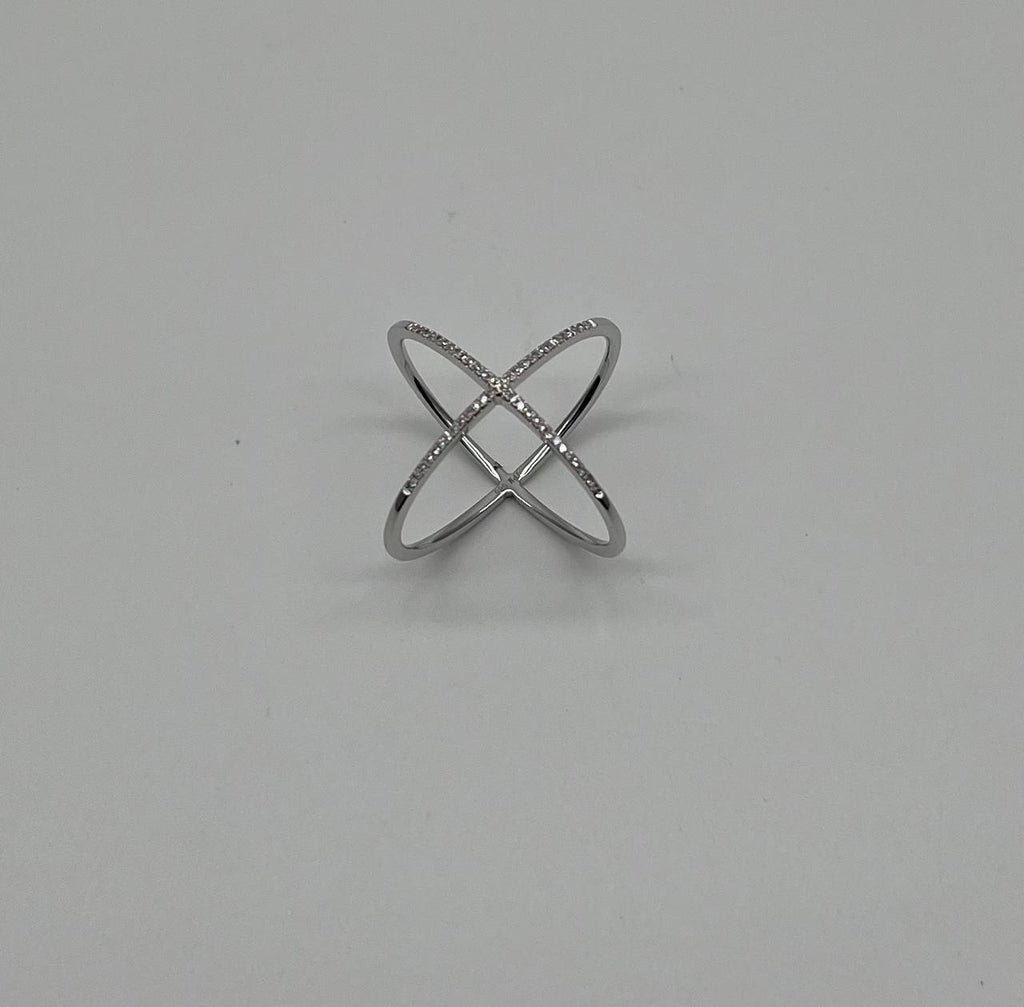 White Diamond Brilliant Criss Cross X Statement 14 Karat White Gold Fashion Ring