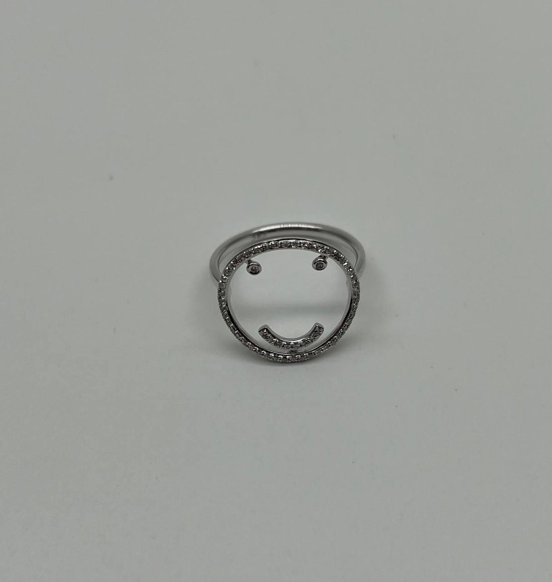 Smile Smiley Face Emoji White Diamond Halo 14K White Gold Statement Fun Ring