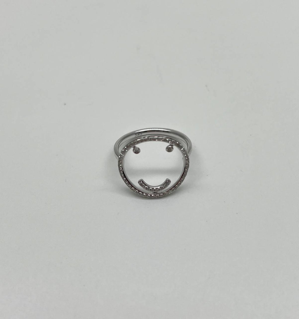 Smile Smiley Face Emoji White Diamond Halo 14K White Gold Statement Fun Ring