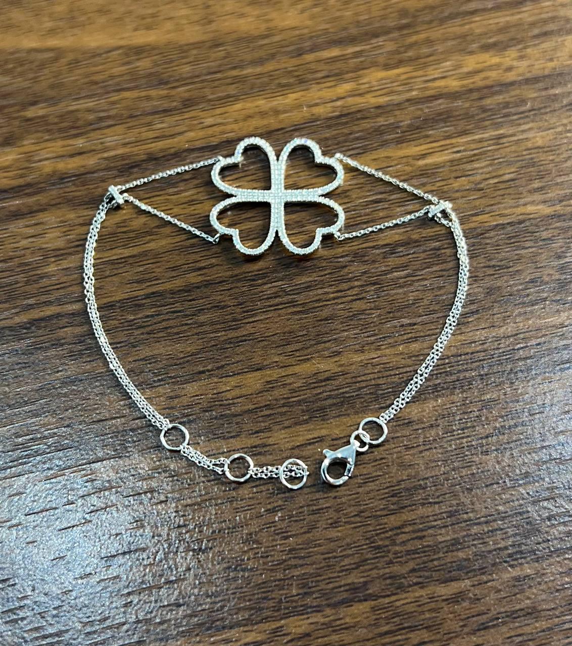 Four Leaf Clover Heart Shape White Diamond Pave 14K White Gold Chain Bracelet