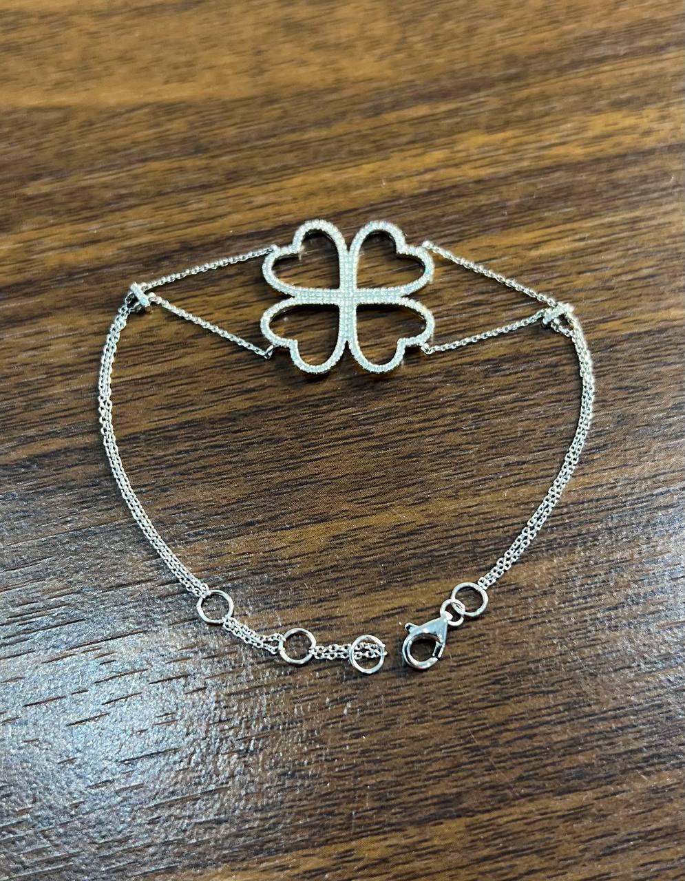Four Leaf Clover Heart Shape White Diamond Pave 14K White Gold Chain Bracelet
