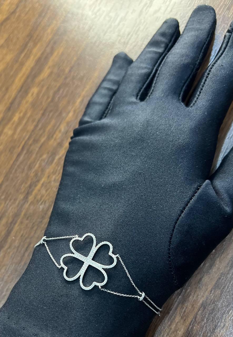 Four Leaf Clover Heart Shape White Diamond Pave 14K White Gold Chain Bracelet