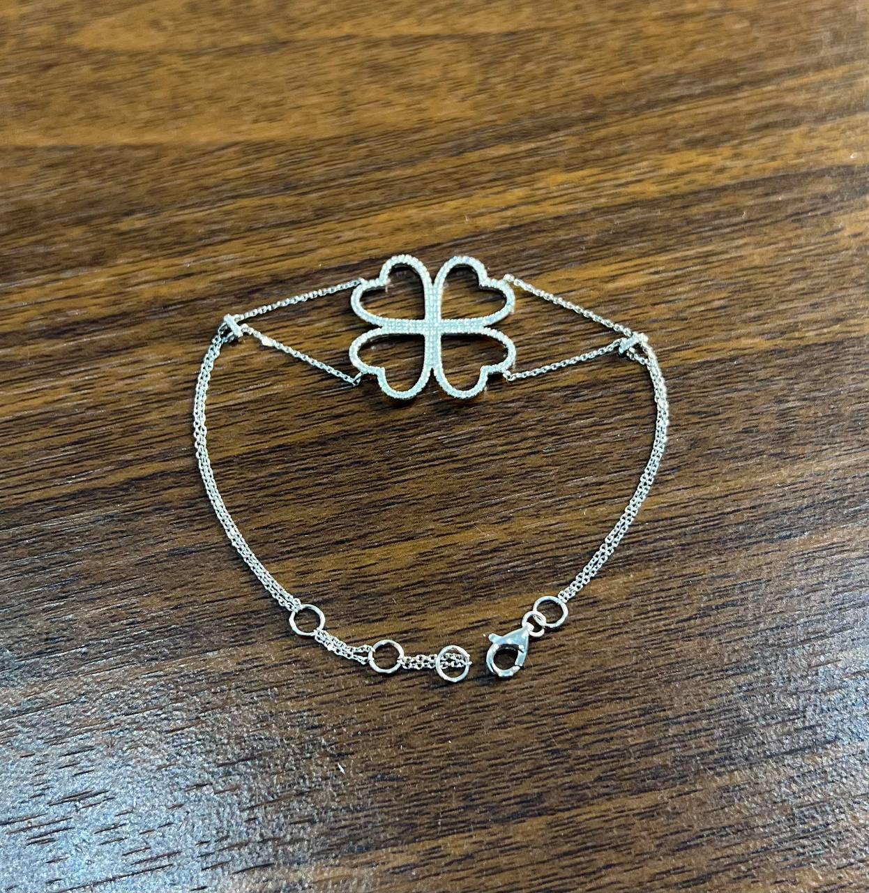 Four Leaf Clover Heart Shape White Diamond Pave 14K White Gold Chain Bracelet