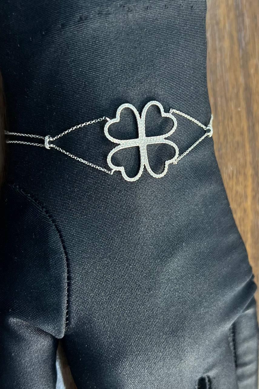Four Leaf Clover Heart Shape White Diamond Pave 14K White Gold Chain Bracelet
