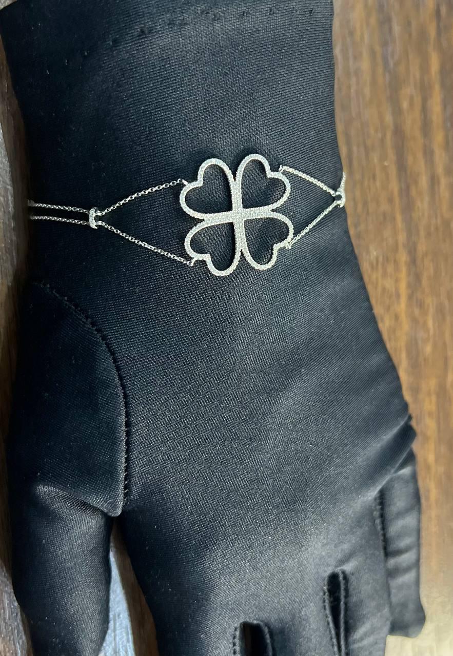 Four Leaf Clover Heart Shape White Diamond Pave 14K White Gold Chain Bracelet