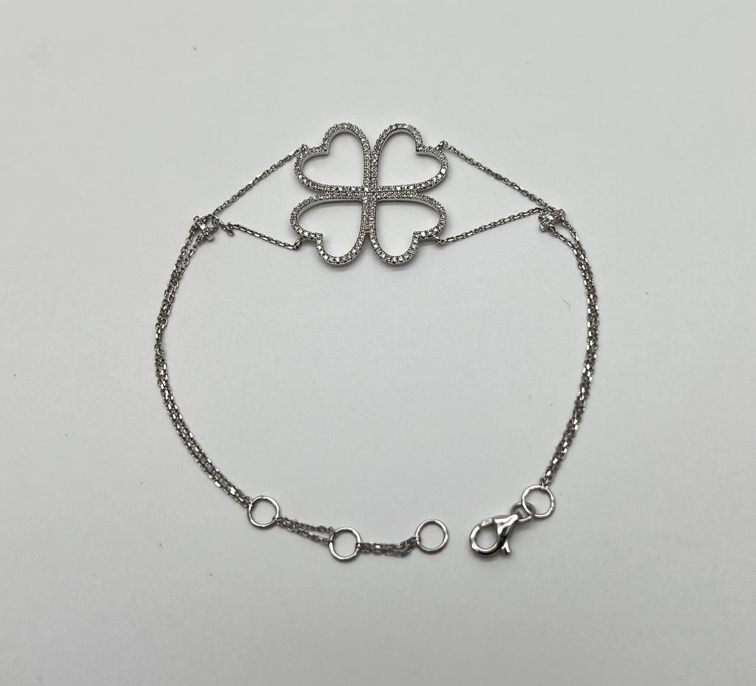 Four Leaf Clover Heart Shape White Diamond Pave 14K White Gold Chain Bracelet