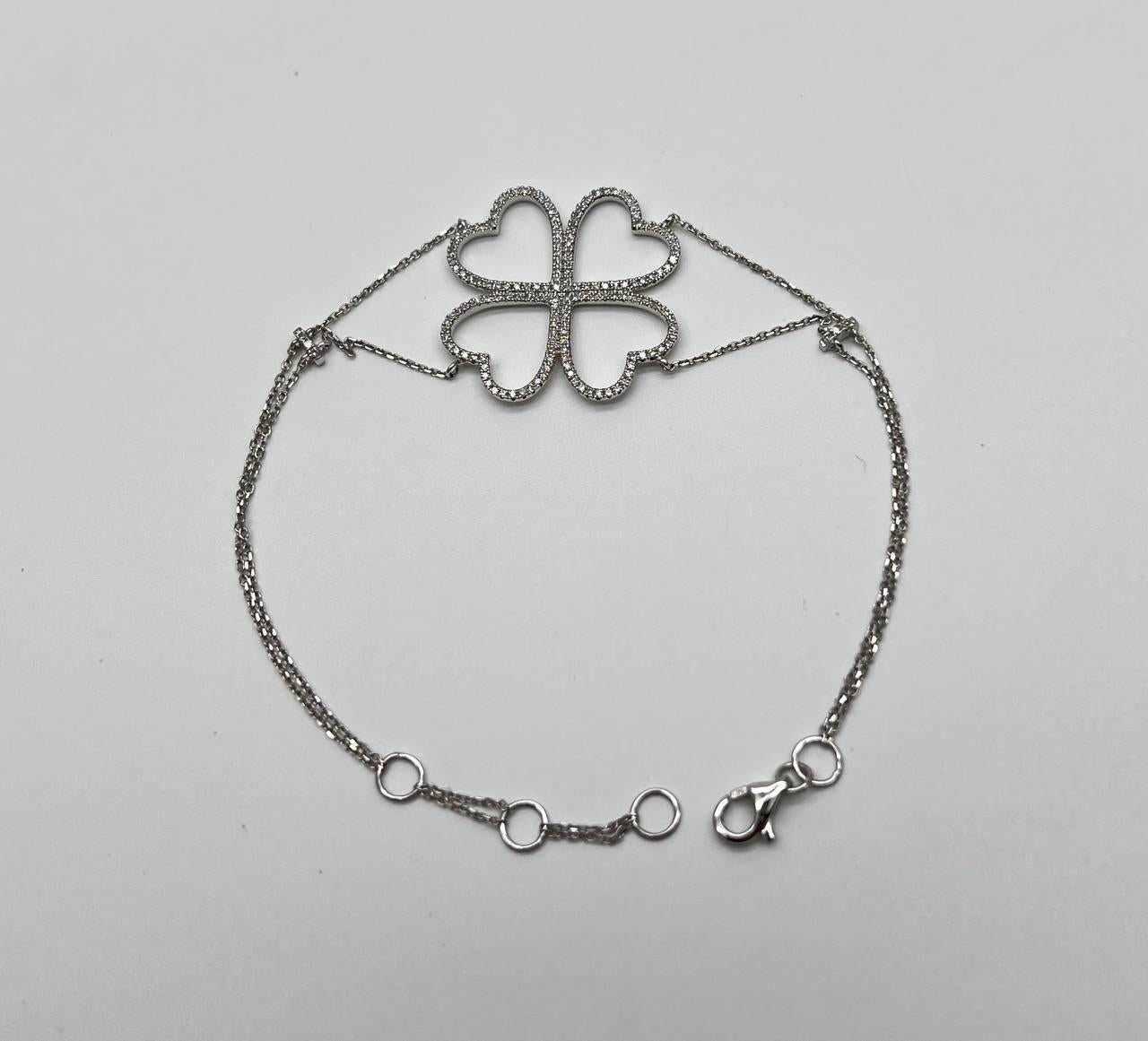 Four Leaf Clover Heart Shape White Diamond Pave 14K White Gold Chain Bracelet