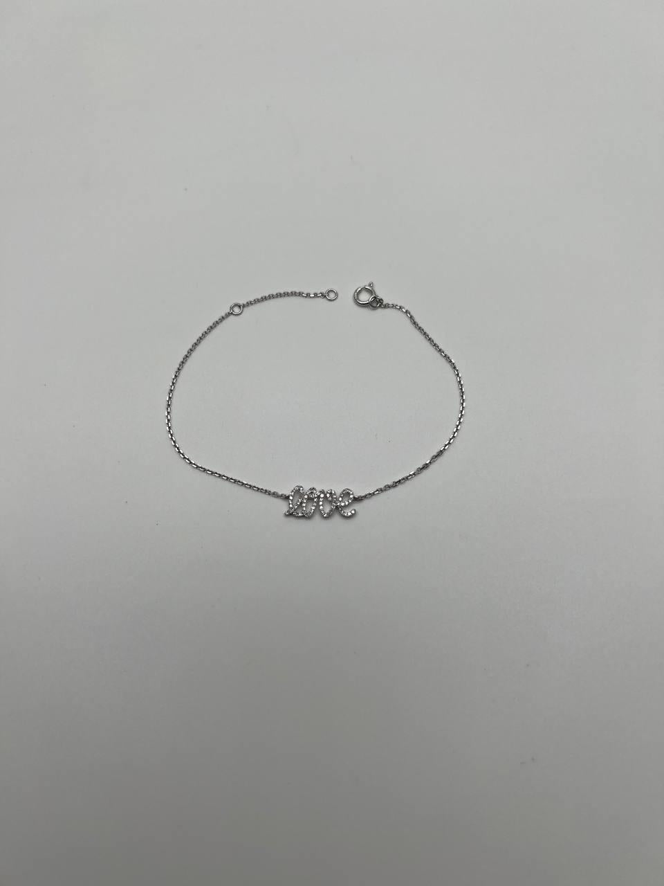 Love Word Romance Romantic White Diamond Pave 14K White Gold Chain Bracelet