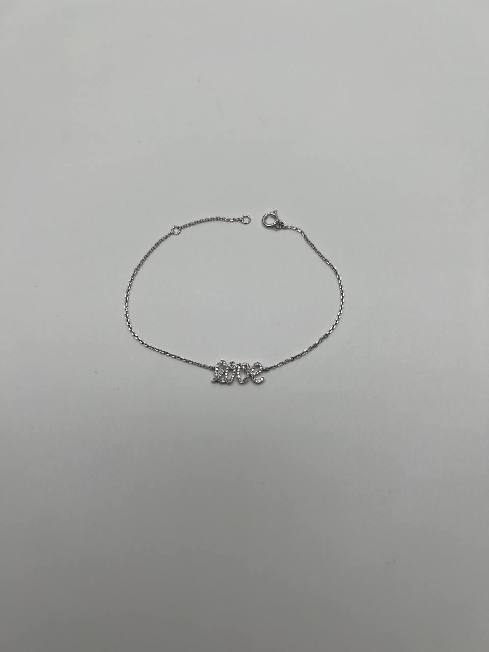 Love Word Romance Romantic White Diamond Pave 14K White Gold Chain Bracelet