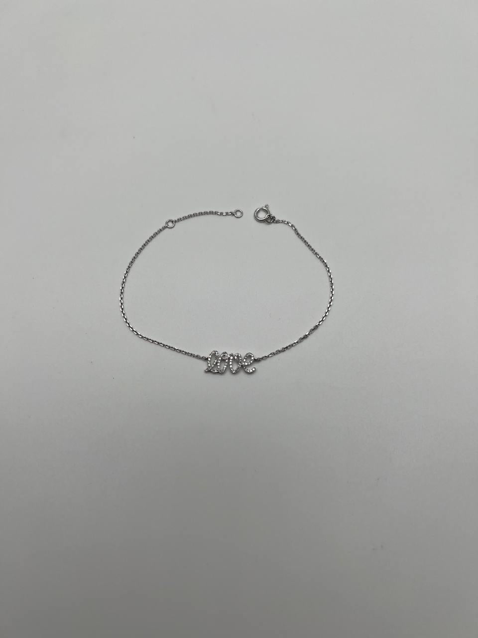 Love Word Romance Romantic White Diamond Pave 14K White Gold Chain Bracelet