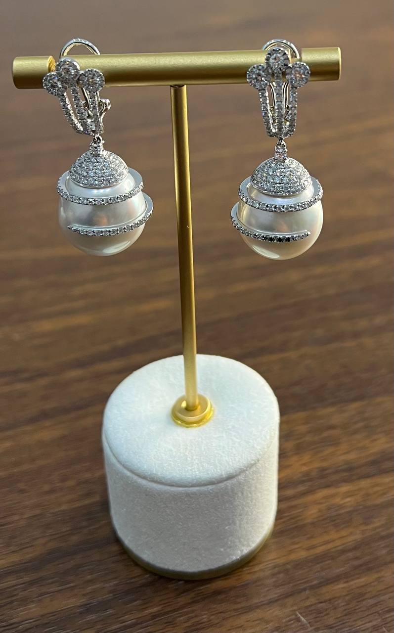 White South Sea Pearl Diamond Pave Drop 18 Karat White Gold Statement Earrings