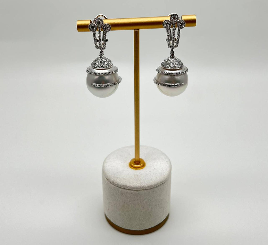 White South Sea Pearl Diamond Pave Drop 18 Karat White Gold Statement Earrings