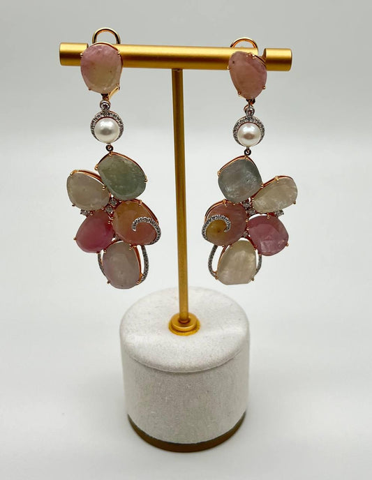 Fancy Cut Colored Sapphires Slice Pearl Diamond 18K Rose Gold Statement Earrings