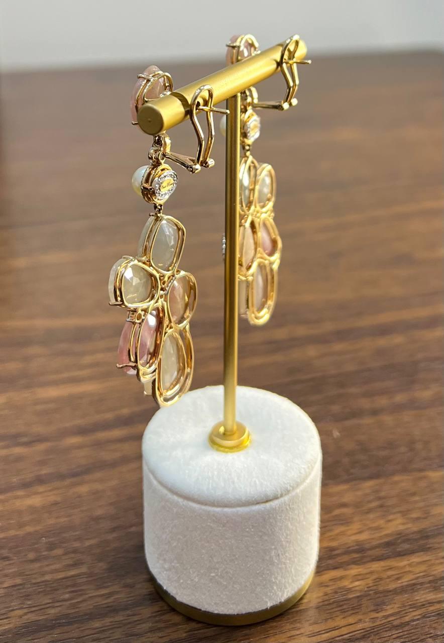 Fancy Cut Colored Sapphires Slice Pearl Diamond 18K Rose Gold Statement Earrings