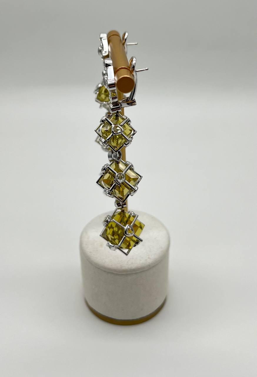 Lime Lemon Yellow Quartz 18 Karat White Gold Statement Diamond Drop Earrings