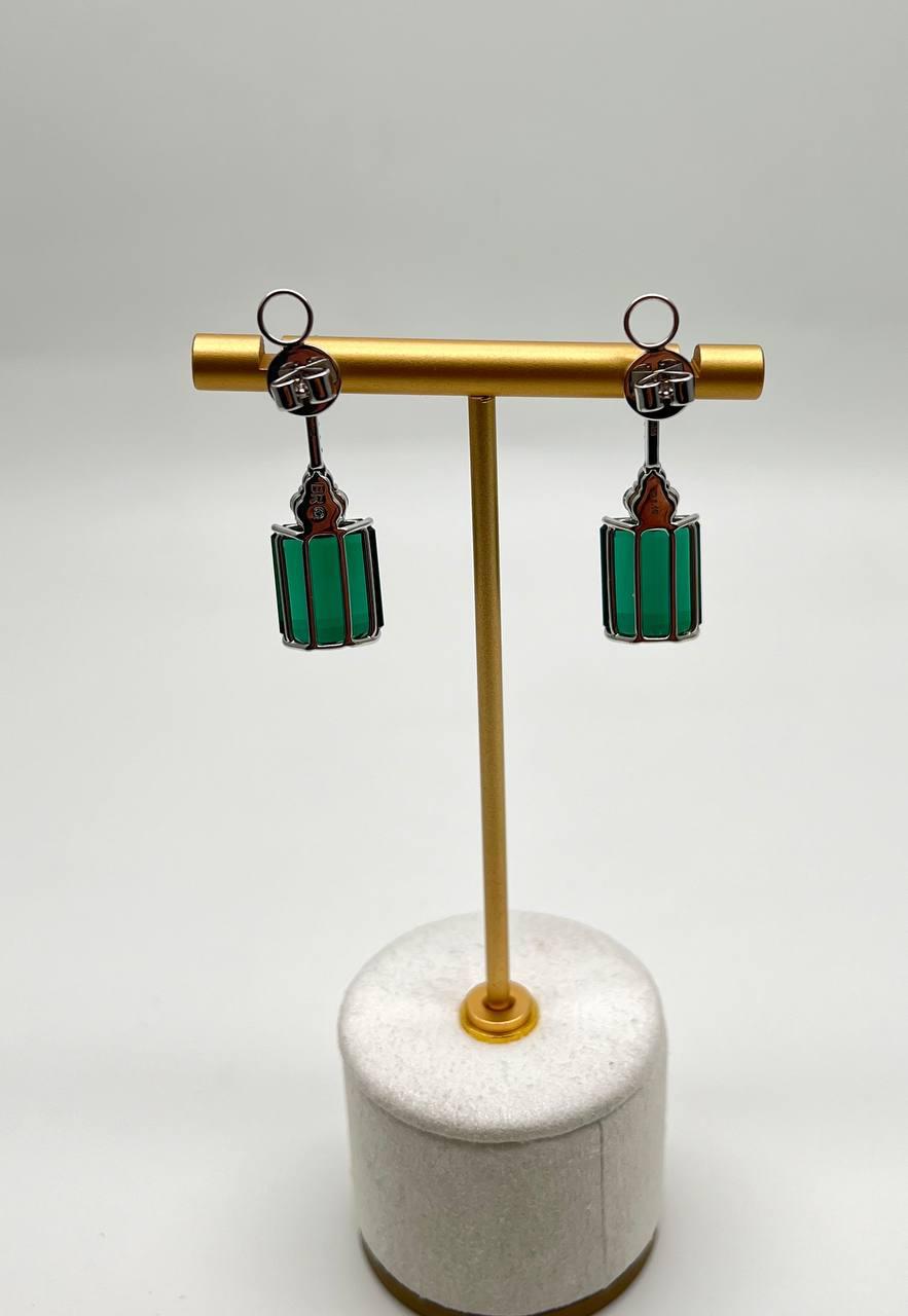 Emerald Cut Shape Green Tourmaline White Diamond 18K White Gold Drop Earrings