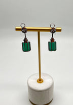Emerald Cut Shape Green Tourmaline White Diamond 18K White Gold Drop Earrings
