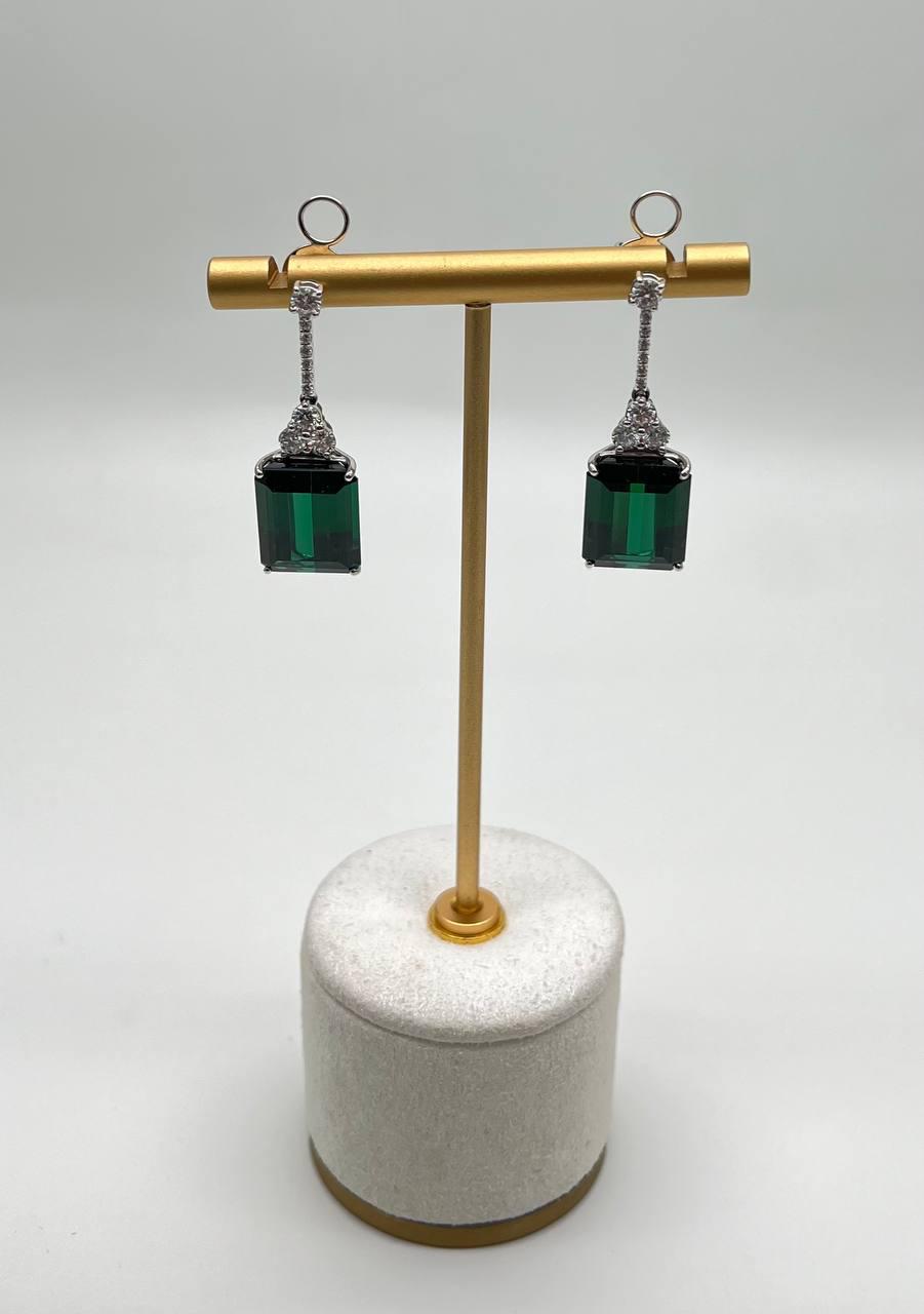 Emerald Cut Shape Green Tourmaline White Diamond 18K White Gold Drop Earrings