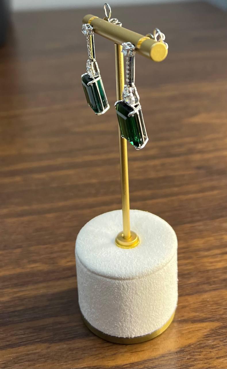 Emerald Cut Shape Green Tourmaline White Diamond 18K White Gold Drop Earrings