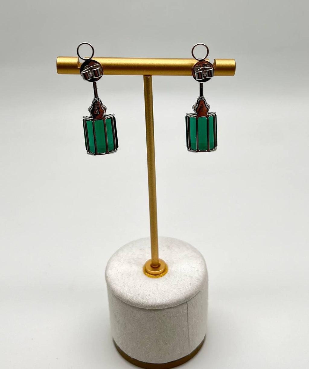 Emerald Cut Shape Green Tourmaline White Diamond 18K White Gold Drop Earrings